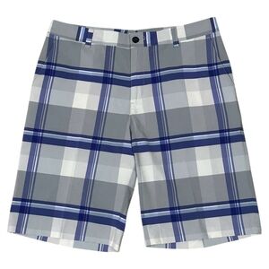 Adidas Men’s Flat Front Shorts Blue Gray Plaid Pockets 33in Golf